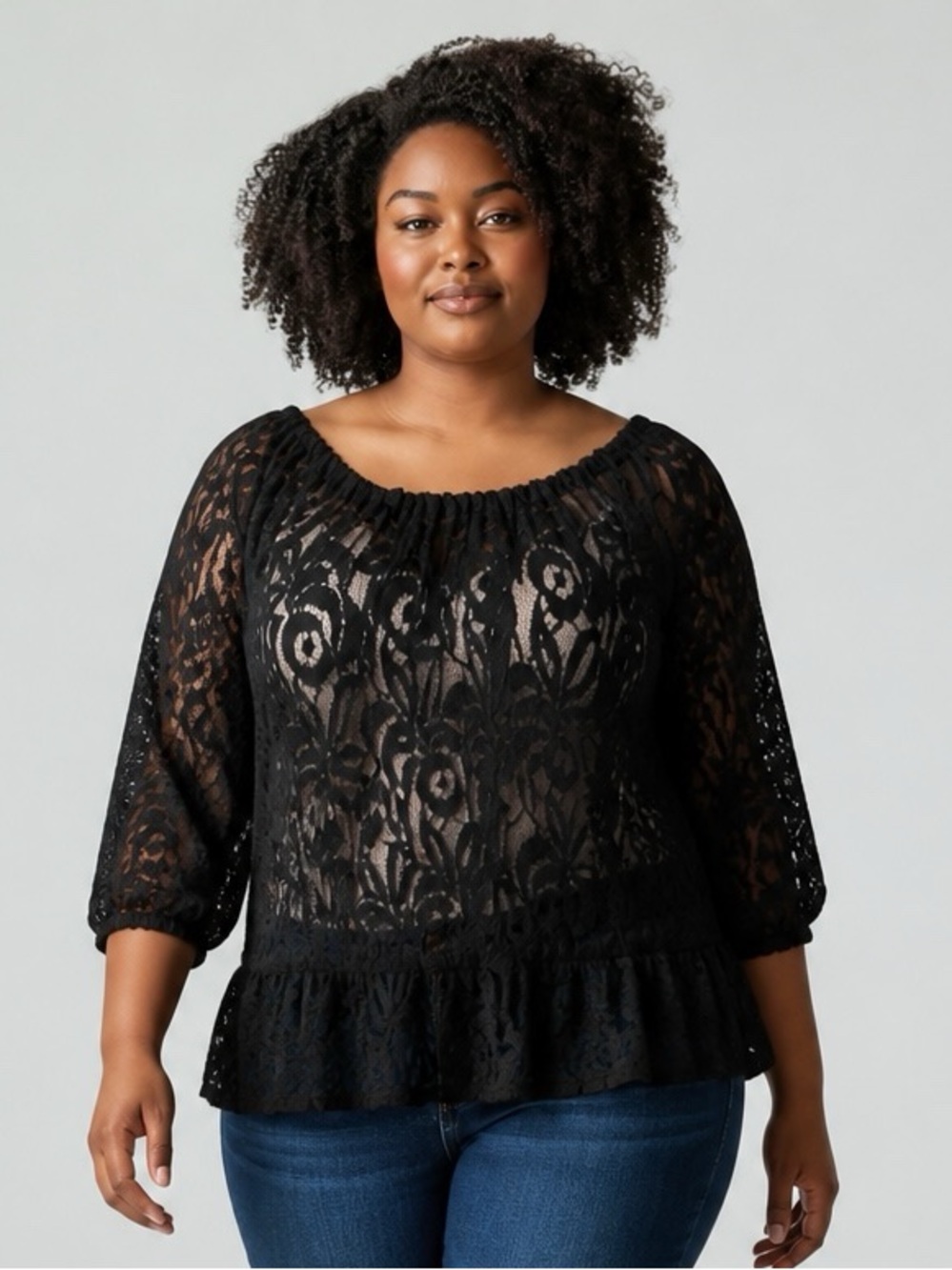 Sheer Black Lace Crochet Floral Peasant Top